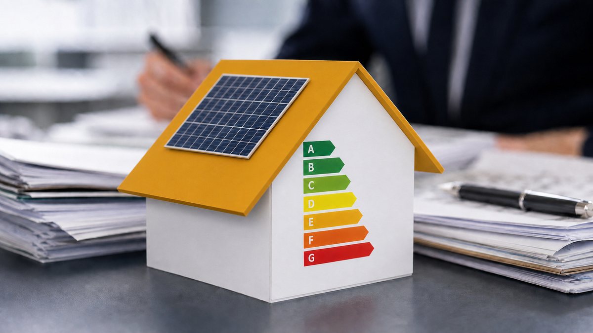 Model domu z etykietą klas energetycznych od A do G oraz panelem fotowoltaicznym na dachu